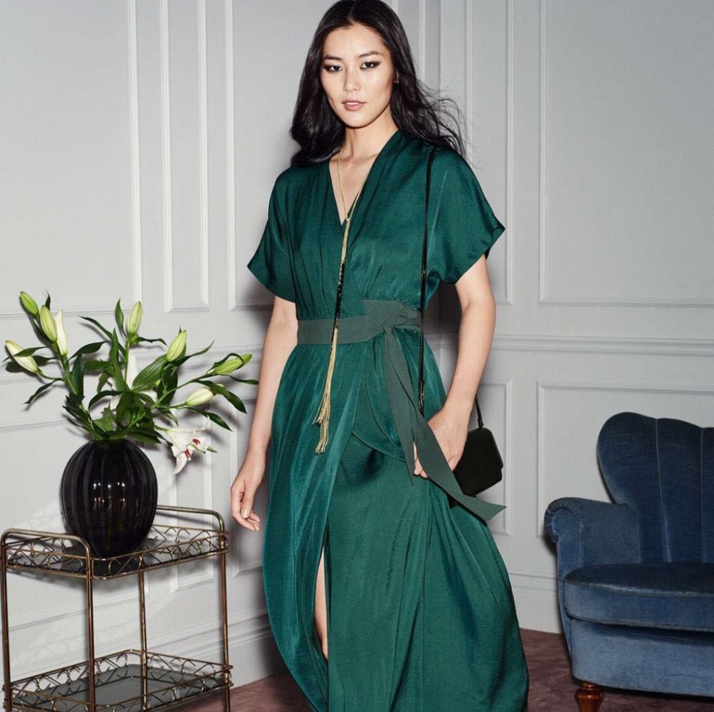 H&M Long Wrap Dress in Dark Green